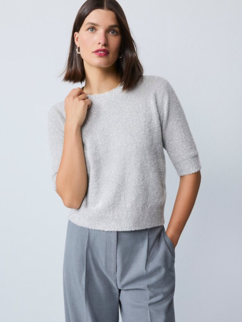 Ann Taylor Petite Metallic Sweater Tee Silver Size Medium